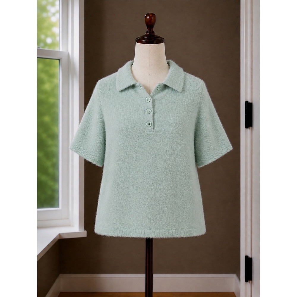 A New Day Sage Green Fuzzy Eyelash Knit Short Sleeve Polo Sweater Large